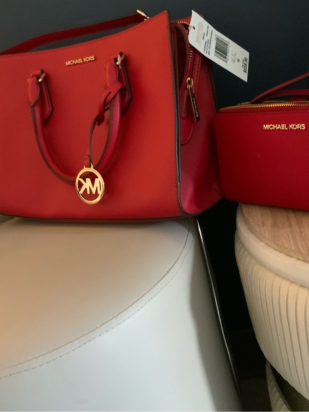 Michael Kors Red Leather Satchel with Gold MK Charm and Matching Pouch